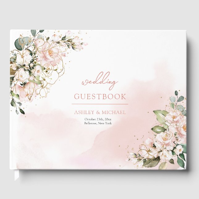 Chic Aquarell staubig Rosa Blütengrün Gästebuch (Vorderseite)