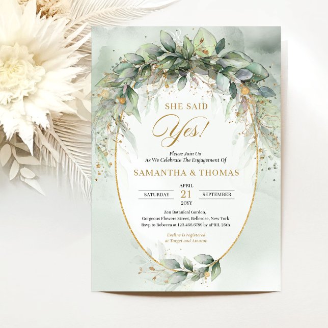 Chic Aquarell und goldene Verlobung Einladung (Watercolor eucalyptus engagement invitation digital)