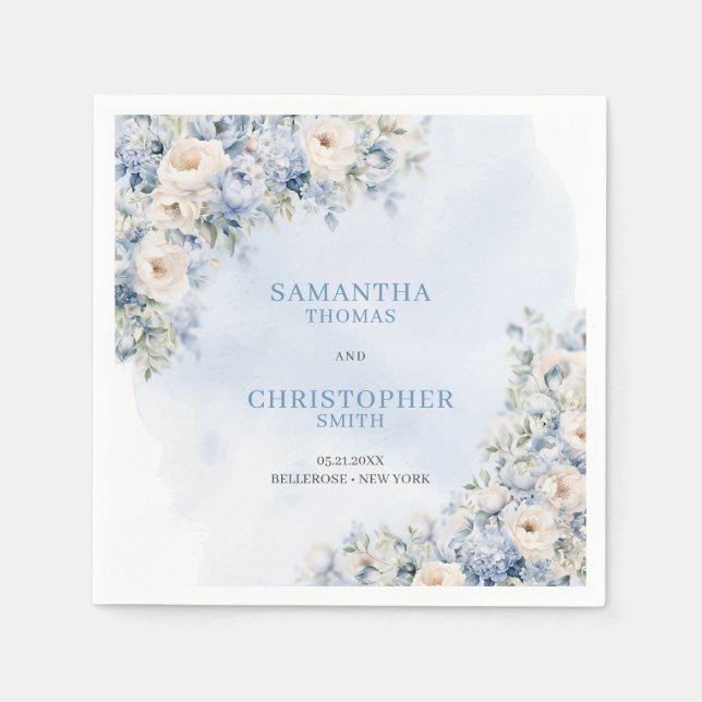 Chic Aquarellblau Hydrangea Weiße Blume Serviette (Vorderseite)