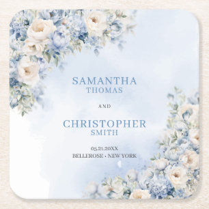 Chic Aquarellblau Hydrangea Weiße Rosen Rechteckiger Pappuntersetzer