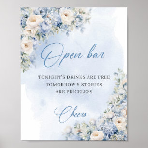 Chic Aquarellblau-weiße Rosen offene Bar Poster