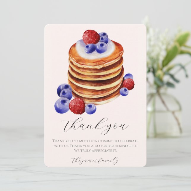 Chic Aquarellpfannkuchen Brunch & Baby Dusche Dankeskarte (Stehend Vorderseite)
