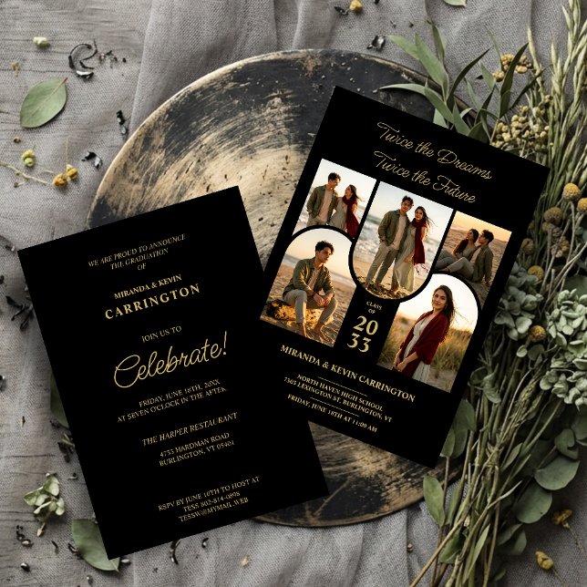 Chic Arched Collage Double Grads Twins TMF26 Einladung (Stylish Double Graduation Invitation with Five Arched Photo Placeholders and Luxury Gold Effect.)