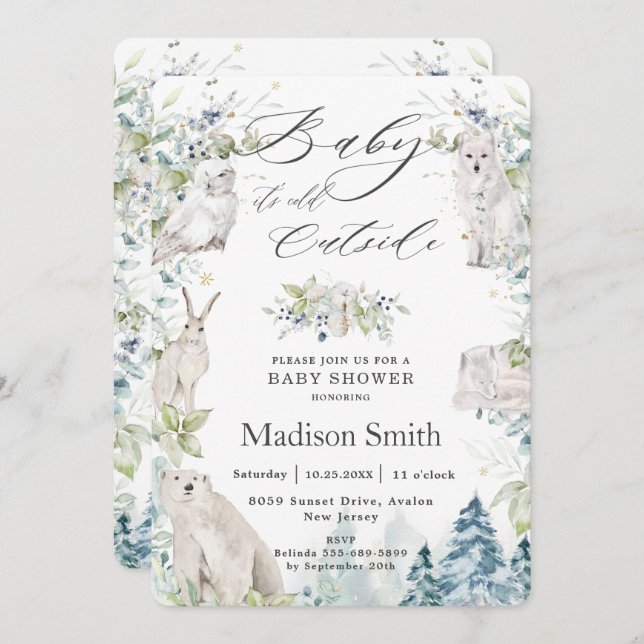 Chic Arctic Animals Winter Alpine Baby Dusche Einladung (Vorne/Hinten)