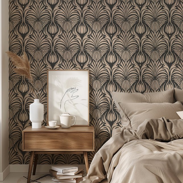 Chic Art Deco Blumenfedermuster Schwarz & Beige Tapete (Von Creator hochgeladen)