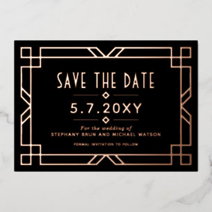 Chic Art Deco Save the Date Black Rose Gold Card Folieneinladung