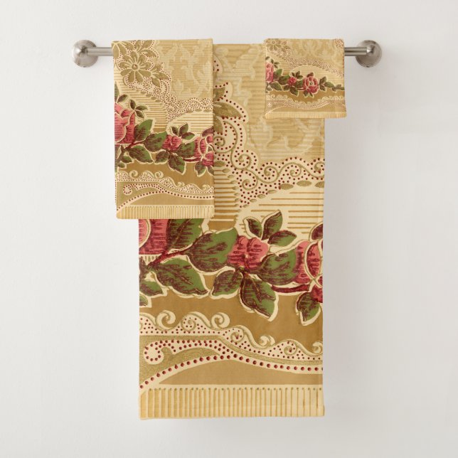 Chic Art Nouveau Gold und Red Floral Badhandtuch Set (Insitu)