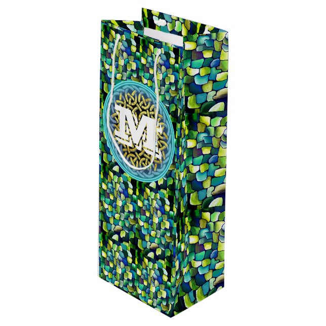 Chic Artistic Contemporary Green Pattern Geschenktüte Für Weinflaschen (Vorderseite Schrägansicht)
