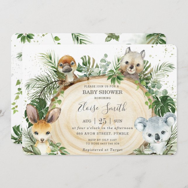Chic Australian Animals Wood Greenery Baby Shower  Einladung (Vorne/Hinten)
