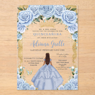 Chic Baby Blue Blume Brown Princess Quinceañera Acryleinladungen