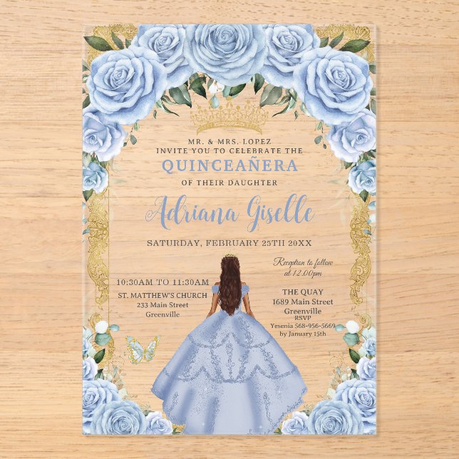 Chic Baby Blue Blume Brown Princess Quinceañera Acryleinladungen (Vorderseite)