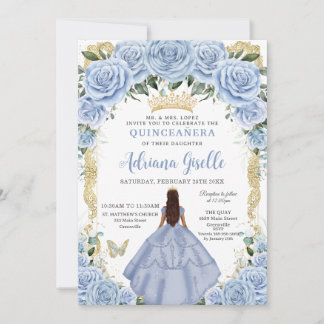 Chic Baby Blue Blume Brown Princess Quinceañera Einladung