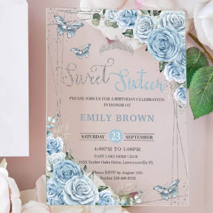 Chic Baby Blue Floral Butterflies 16 . Geburtstag Acryleinladungen