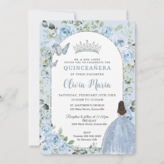 Chic Baby Blue Floral Princess Arch Quinceañera Einladung