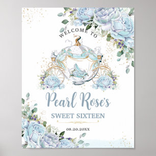 Chic Baby Blue Rose Princess Carriage Sweet 16 Poster