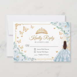 Chic Baby Blue Roses Gold Quinceanera Reply RSVP Karte
