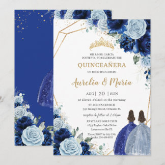 Chic Baby Blue Royal Blue Floral Twins Quinceañera Einladung
