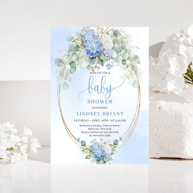 Chic Baby Shower Invitation Blue Hydrangeas Gold Einladung (Chic Baby Shower Invitation Blue Hydrangeas Gold)
