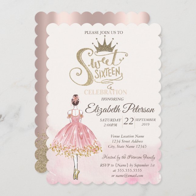 Chic Ballerina, Tiara, Diamonds Rose Gold Sweet 16 Einladung (Vorne/Hinten)