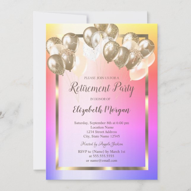 Chic Balloons, Goldrahmen, Ombre Retirement Einladung (Vorderseite)