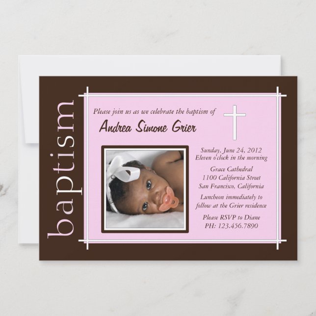 Chic Baptism Foto Einladung [pink] (Vorderseite)