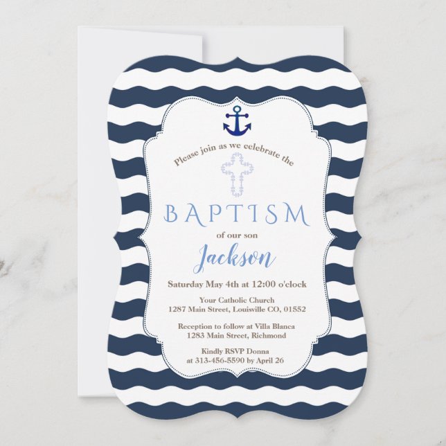 Chic Baptisse Nautical Navy Waves Anchor einladen Einladung (Vorderseite)
