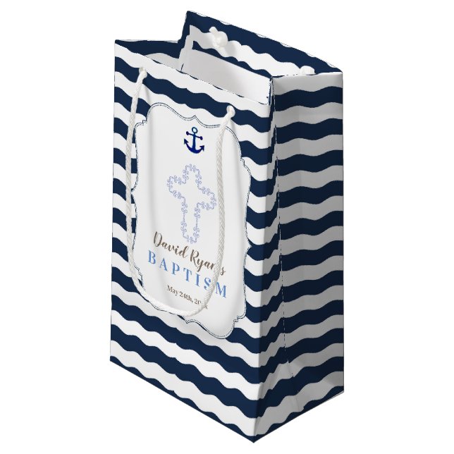 Chic Baptisse Nautical Navy Waves Anker Kleine Geschenktüte (Vorderseite Schrägansicht)