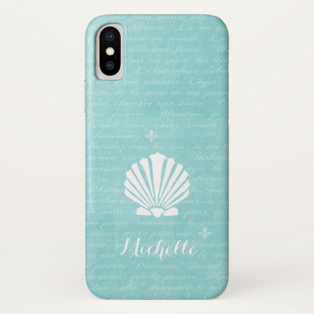 Chic Beach Girly Aqua Scallop Muschel mit Namen Case-Mate iPhone Hülle (Rückseite)