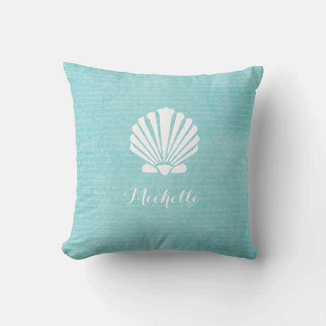 Chic Beach Girly Aqua Scallop Muschel mit Namen Kissen (Vorderseite)