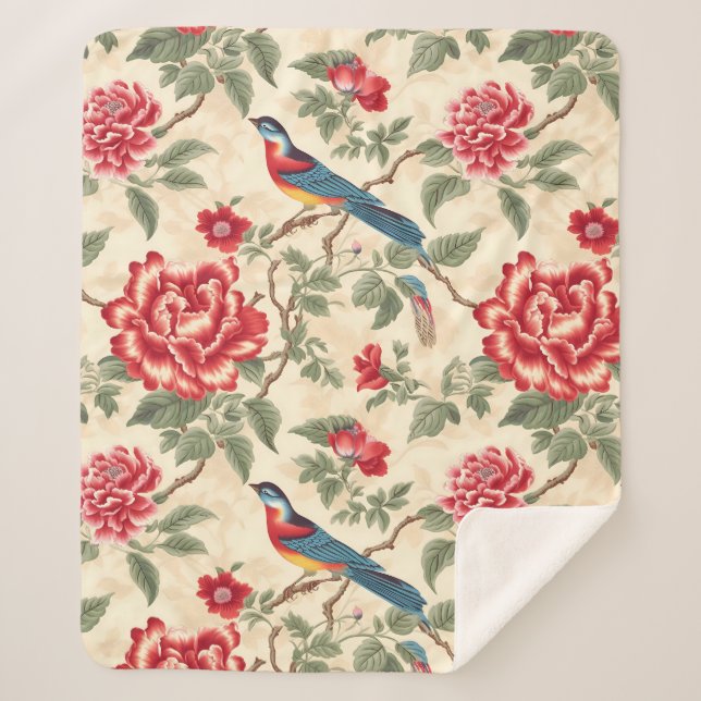 Chic Beige Chinoiserie Sherpadecke (Vorderseite)