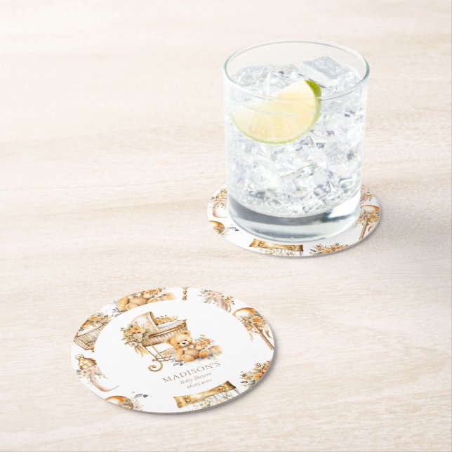 Chic Beige & Gold Bassinet Custom Runder Pappuntersetzer (Vor Ort)