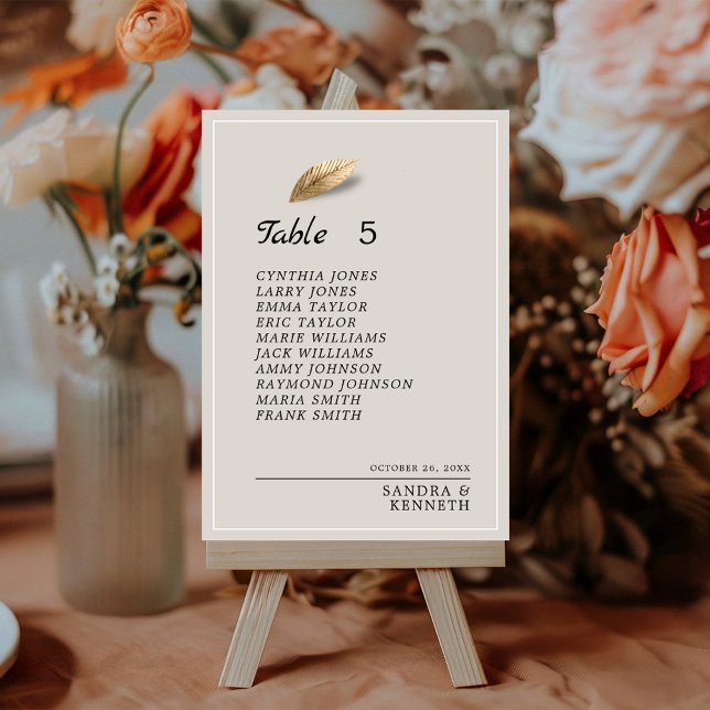 Chic Beige & Gold Leaf Tischnummer Seekarte (Von Creator hochgeladen)