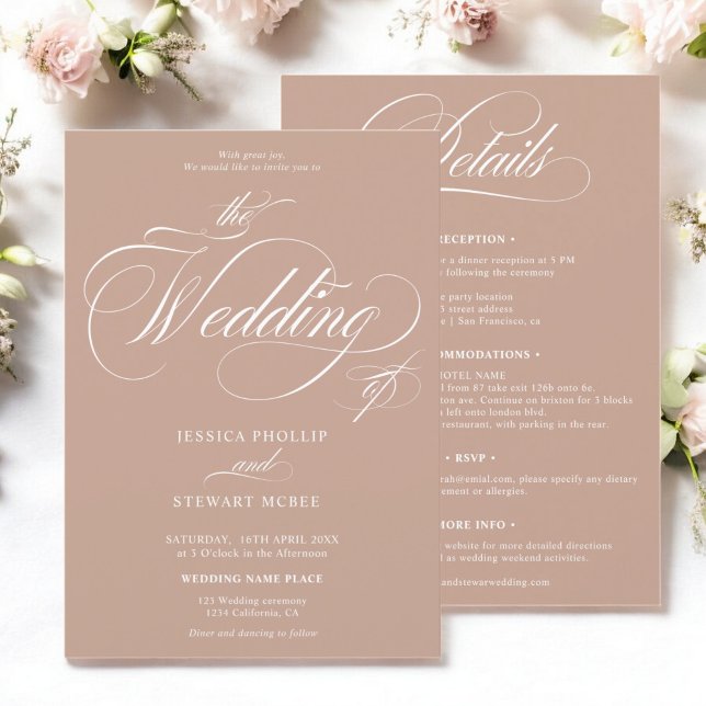 Chic beige Karamelll in einer kalligraphischen Hoc Einladung (Chic beige caramel all in one calligraphy wedding invitation)