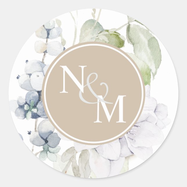 Chic Beige und White Floral Monogram Umschlag Aufk Runder Aufkleber (Vorderseite)