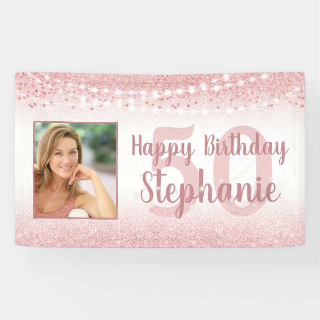 Chic Birthday Rose Gold Glitzer Lights Foto Banner (Horizontal)