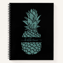 Chic Black and Aquamarin Glitzer Ananas Name Notizbuch
