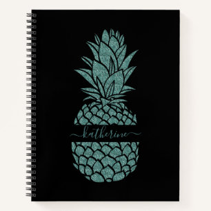 Chic Black and Aquamarin Glitzer Ananas Name Notizbuch