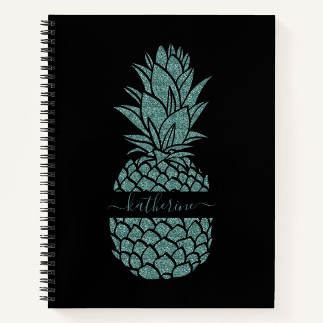 Chic Black and Aquamarin Glitzer Ananas Name Notizbuch (Vorderseite)