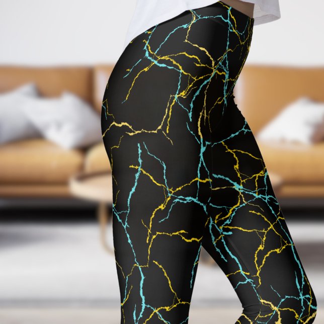 Chic Black and Blue Yellow Fracture Pattern Leggings (Chic Black and Blue Yellow Fracture Pattern Leggings)