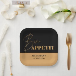 Chic Black and Gold Bon Appétit Script Geburtstag Pappteller