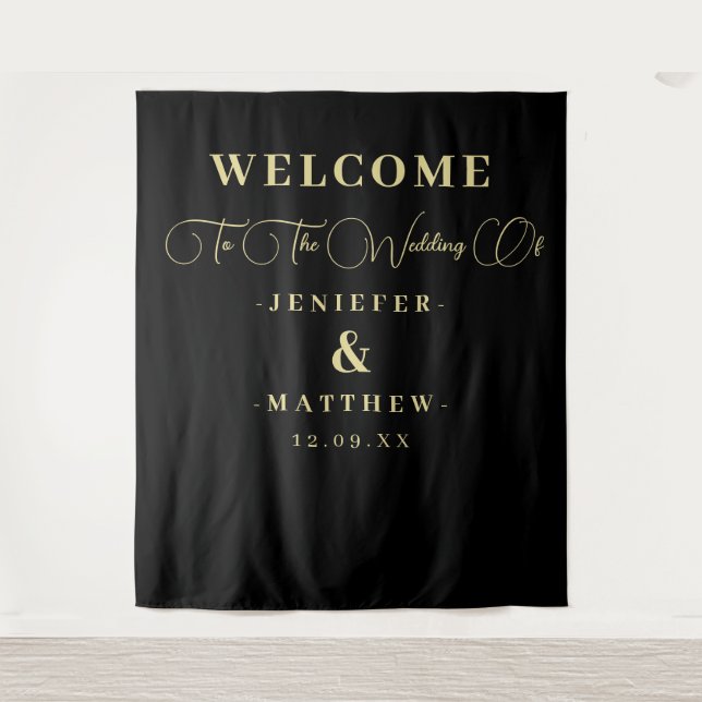 Chic Black and Gold Calligraphy Wedding Willkommen Wandteppich (Vorderseite)