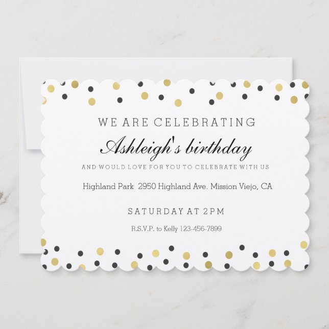 Chic Black and Gold Confetti Geburtstag Einladung (Vorderseite)