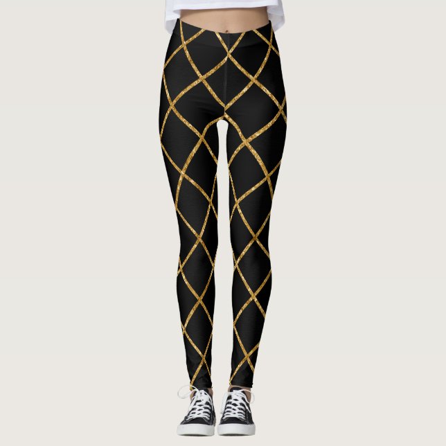 Chic Black and Gold Diamond Muster Leggings (Vorderseite)