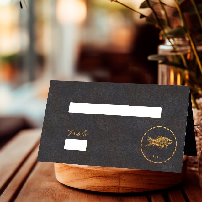 Chic Black and Gold Fish Wedding Food Choice Platzkarte (Von Creator hochgeladen)