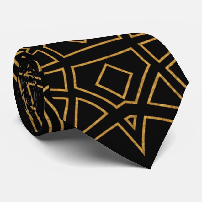 Chic Black and Gold Interlocking Design Neck Tie Krawatte (Gerollt)