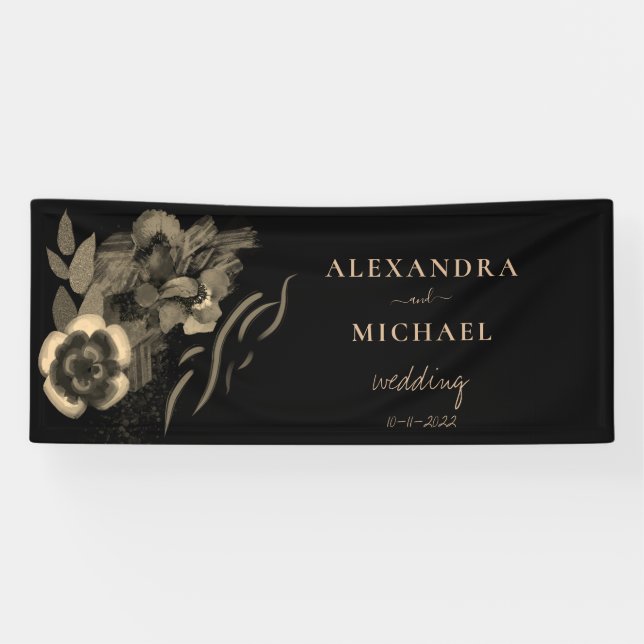 Chic Black and Gold Iris Blume Hochzeit Banner (Horizontal)