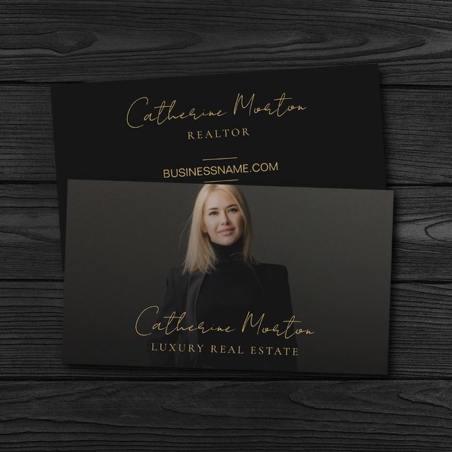 Chic Black and Gold Luxus Real Anwesen Visitenkarte (Luxury Chic Photo Script Real Estate Business Card)