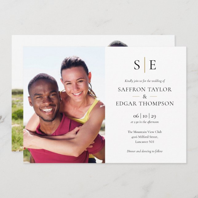 Chic Black and Gold Monogram 2 Foto Hochzeit Einladung (Vorne/Hinten)