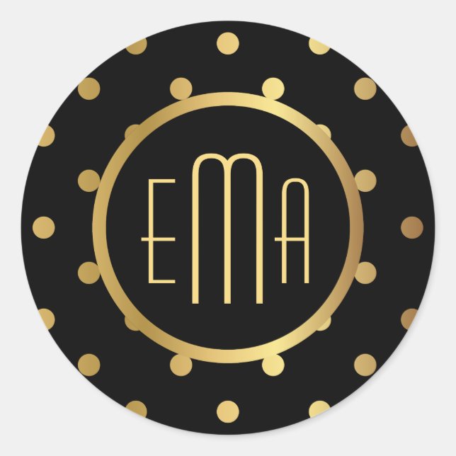 Chic Black and Gold Polka Dots mit Monogramm Runder Aufkleber (Vorderseite)