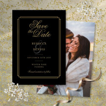 Chic Black and Gold Script Art Deco Foto Hochzeit